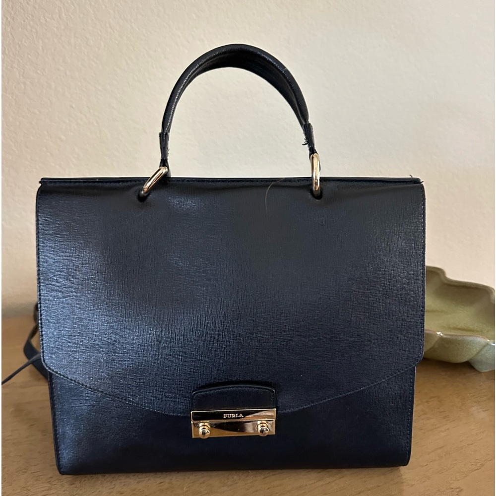 Furla beautifully used Classic Black leather bag.